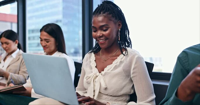 Laptop, smile and woman employee in workshop or seminar for growth, training and development. Computer, learning and upskill with happy young business person in office for education conference