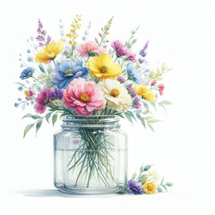 Vivid bouquet, nestled in a glass vase, showcases a lively mix of roses, lilies, hydrangeas, and daisies meticulously arranged for a captivating visual experience.
