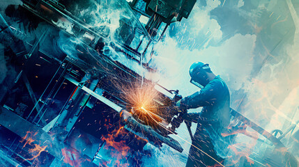 Welder at work on in a commercial work zone - obrazy, fototapety, plakaty