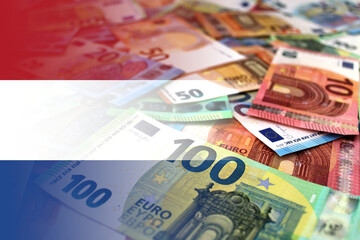 Euro banknotes colored in the colors of the flag of Netherlands. Gradient overlay of the Dutch flag on the euro notes. - obrazy, fototapety, plakaty