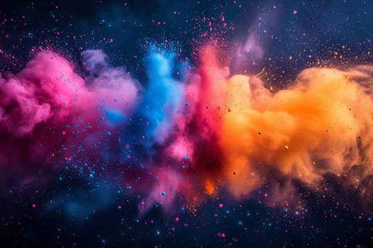 Abstract template on dust powder explosion Holi backdrop. Indian traditional Holiday, colorful powder explosion, generative AI © Djero Adlibeshe