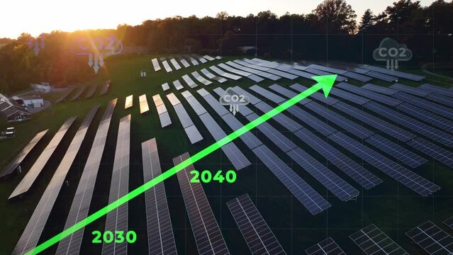 Animation of net-zero concept, with CO2 decreasing to zero by the year 2050 for climate action. Aerial drone shot of solar panel array during sunset. 3D render, Net Zero text.