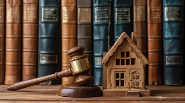 Legal concept with a wooden gavel and a small house model against a backdrop of law books in a library