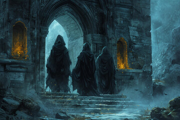 Three Hooded Mysterious Figures Wearing Cloaks Standing Before a Stone Archway Fantasy Art - obrazy, fototapety, plakaty