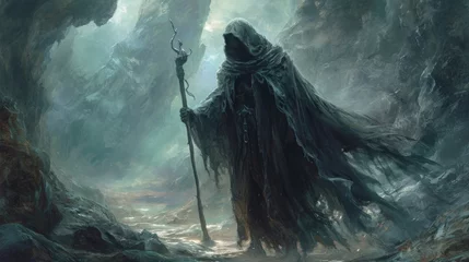 Fotobehang From the depths of the underworld, a dark figure appears, clad in a hooded cloak and wielding a staff. The necromancer beckons to the figure, knowing it is one of the most Fantasy art © Justlight