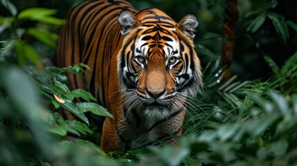Majestic tiger moving stealthily through dense jungle foliage, showcasing its powerful presence in the wild