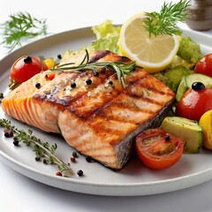 Delectable Salmon Indulgence: Grilled Steak, Roasted Vegetables, Citrusy Lemon, and a White Plate