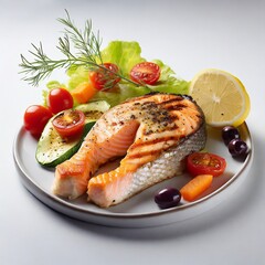 Gourmet Culinary Delight: Grilled Salmon Steak, Char-Grilled Vegetables, Lemon Zest, and a White Plate