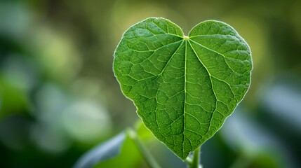 Single heart-shaped green leaf with intricate vein patterns symbolizing love for nature and environmental care