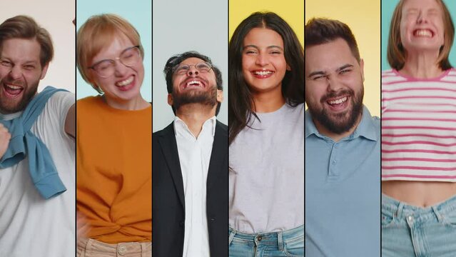 Collage of smiling happy people men women portraits diverse gender, different ages, ethnicity celebrating success victory, winning birthday, lottery jackpot achievement, play game, good positive news
