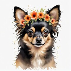 Watercolor black and tan chihuahua dog with floral wreath on head