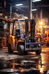 A heavy-duty forklift sits idle on the concrete floor of a busy industrial manufacturing warehouse.