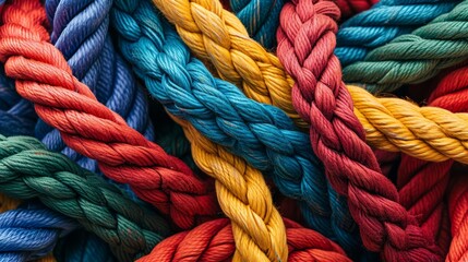 Vibrant twisted ropes in a rich palette of colors, showcasing strength and texture in a close-up view