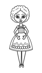 Coloring page girls doll line art. Woman in housewife dress. Hand drawn illustration.