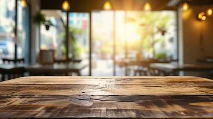 Deurstickers Photo empty wood table top and blur glass window interior restaurant banner mock up abstract background - can used for display or montage your products - generative ai © Nia™