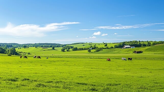 Lush Green Pastures and Grazing Horses Under a Clear Blue Sky in a Peaceful Countryside Scene