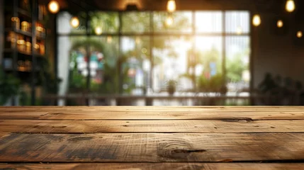 Fototapeten Photo empty wood table top and blur glass window interior restaurant banner mock up abstract background - can used for display or montage your products - generative ai © Nia™