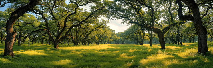 Fototapeta na wymiar A wide panorama of an oak forest in spring. Generative AI.