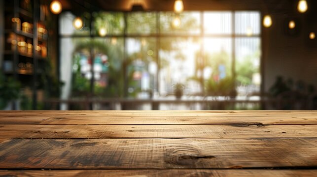 Photo empty wood table top and blur glass window interior restaurant banner mock up abstract background - can used for display or montage your products - generative ai