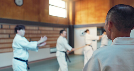 Japanese men, aikido class and instructor for fighting, modern martial arts and learning self...