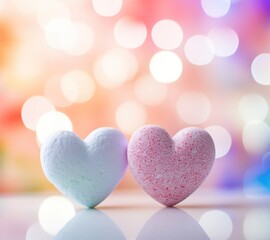 Obraz premium Two heart shaped bath bombs on a colorful background. Generative AI.