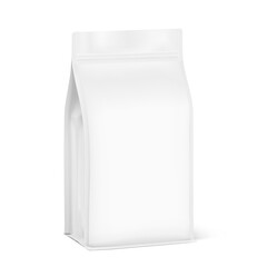Vertical flat bottom gusset bag with zip lock mockup. Half side view.  Vector illustration isolated on white background. Ready for use in presentation, promo, advertising and more. EPS10.