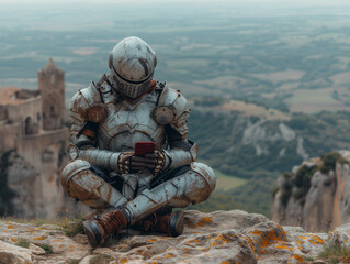 Quirky Medieval Scene: Character in Shiny Armor with Reflections, Wearing Sneakers, Sitting on Rocks in Profile, Searching for Mobile Coverage, with a Minimal Sky and Castle Background