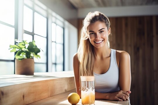 Woman at Wooden Table with Glass of Orange Juice - Fitness Body and Nutrition