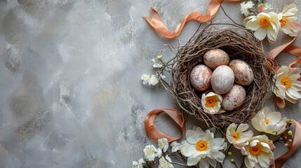 Obraz na płótnie Canvas fancy handmade easter eggs in the nest framed by flowers and ribbons on a gray tabletop in the style of pastel-hued decorative bright backgrounds