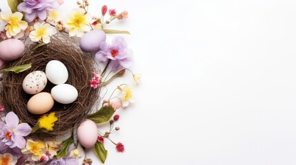 Naklejka na ściany i meble flat lay background egg in the straw nest. Happy Easter Concept