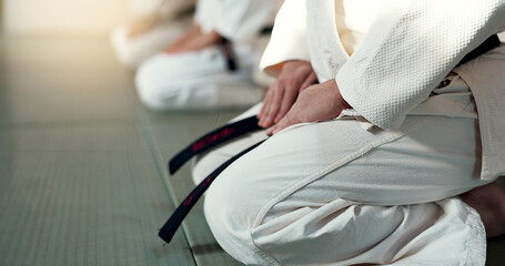Japanese men, aikido and bow in training for fighting, modern martial arts and learning self...