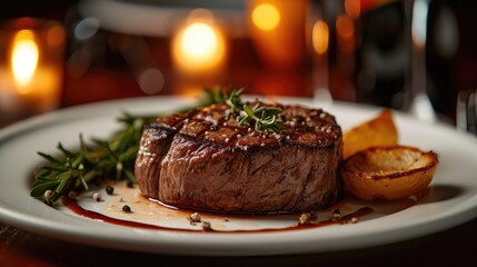 Fototapeta na wymiar Steak on a plate in a restaurant on a candlelit table. Generative AI.