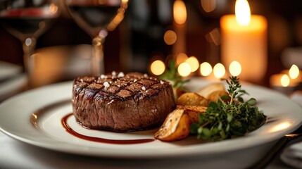 Fototapeta na wymiar Steak on a plate in a restaurant on a candlelit table. Generative AI.