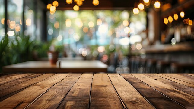 Photo empty wood table top and blur glass window interior restaurant banner mock up abstract background - can used for display or montage your products - generative ai