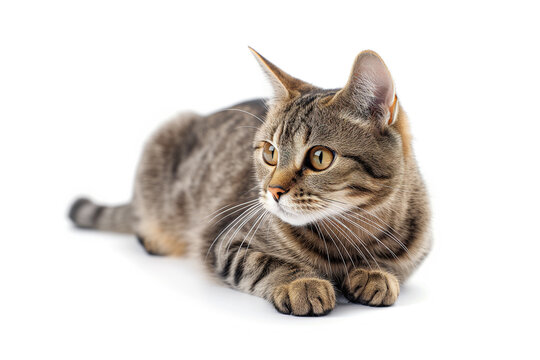 Charming attractive cute gray striped kitty with big expressive eyes lying on the floor and looking attentively away on a white background.