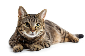 Obraz premium Adorable attractive adorable cute gray striped kitty with big expressive eyes is lying on the floor and looking closely at the camera on a white background.