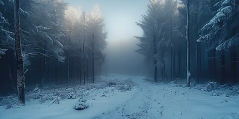 Winter forest with snow-covered trees in fog during snowfall. Generative AI.