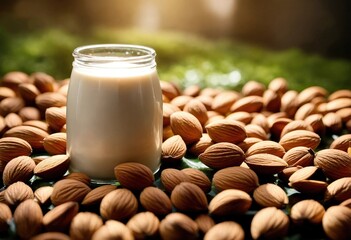 Almond milk in a transparent glass with almonds around