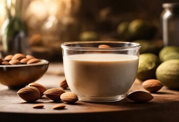 Almond milk in a transparent glass with almonds around