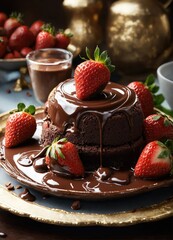 Chocolate dessert with strawberries on a plate