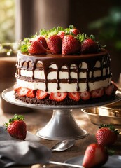 Layered chocolate cake with strawberries