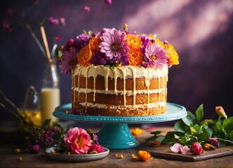 Cream cake decorated with flowers on the plate