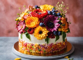 Cream cake decorated with flowers on the plate