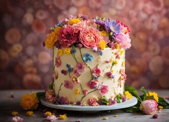 Cream cake decorated with flowers on the plate