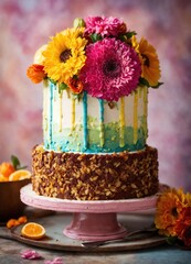 Cream cake decorated with flowers on the plate
