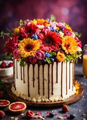 Cream cake decorated with flowers on the plate