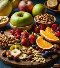 Healthy snack. fruits nuts berries on a plate