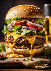 Delicious burger on a wooden table