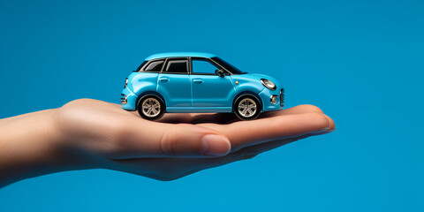    Businessman hand cover or protection  blue car toy on hands Concept of car purchase and insurance with toy car 
    
