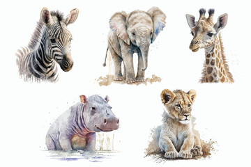 Safari Animal set small zebra, elephant, giraffe, lion, hippopotamus in watercolor style. Isolated illustration